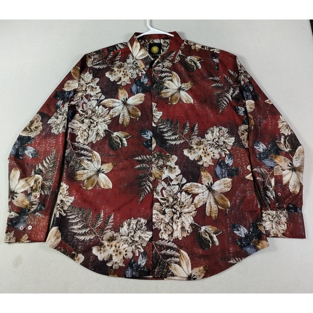 Platini Jeans Shirt Mens Large Red Floral Long Sleeve Button Up Stretch Summer